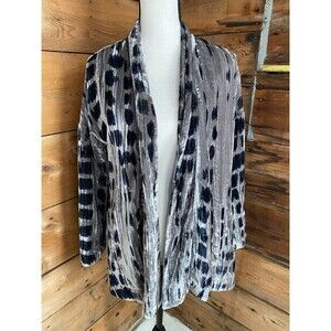 J.Jill Pure Jill Crushed Velvet Grey & Blue Shibori Print Open Front Jacket SZ S